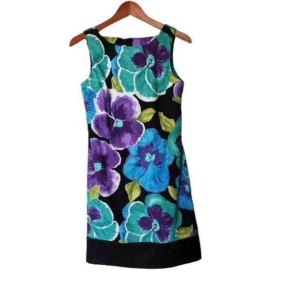 ABStudio Sleeveless Tank‎ Dress Violet Flower Size 6 Floral Black Casual - Picture 2 of 10